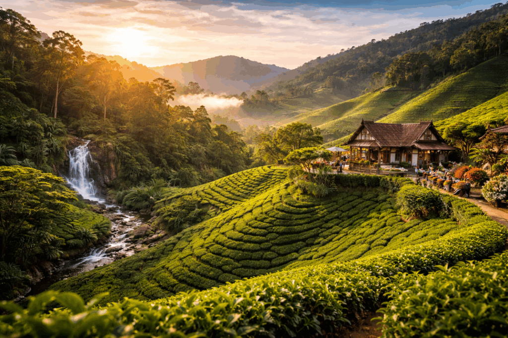 golden rise over tea garden in cameron highlands