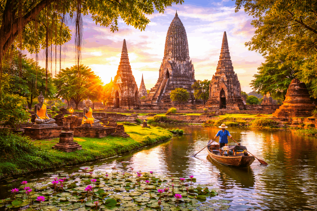sunset over ayuthaya ancient temples