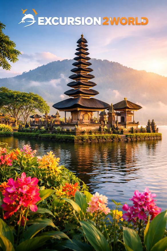 Vertical scenic view of Bali featuring a tropical beach with turquoise waves, lush greenery, and a traditional Balinese temple set against a warm sunset sky.