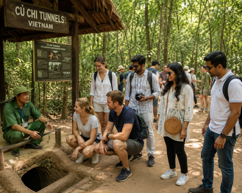 Tourists from India and Europe explore the historic Cu Chi Tunnels in a lush forest setting near Ho Chi Minh City, Vietnam. A local guide in green uniform explains the underground tunnel entrance to a mixed group of visitors gathered around the site. Indian and European travelers in casual summer clothing listen attentively, take photos, and interact while walking through the shaded jungle pathways.