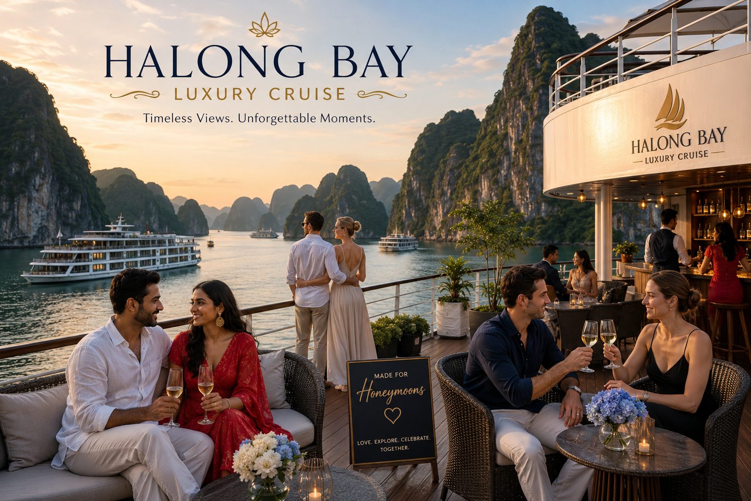 A luxurious cruise deck in Vietnam’s Ha Long Bay during sunset, surrounded by dramatic limestone karst islands and calm emerald waters. Indian and foreign honeymoon couples relax and celebrate aboard the elegant cruise, enjoying drinks, romantic conversations, and scenic views. The atmosphere is upscale and intimate, with stylish outdoor seating, warm golden lighting, floral décor, and multiple cruise boats visible in the bay. Large text reads “Halong Bay Luxury Cruise” with the tagline “Timeless Views. Unforgettable Moments.