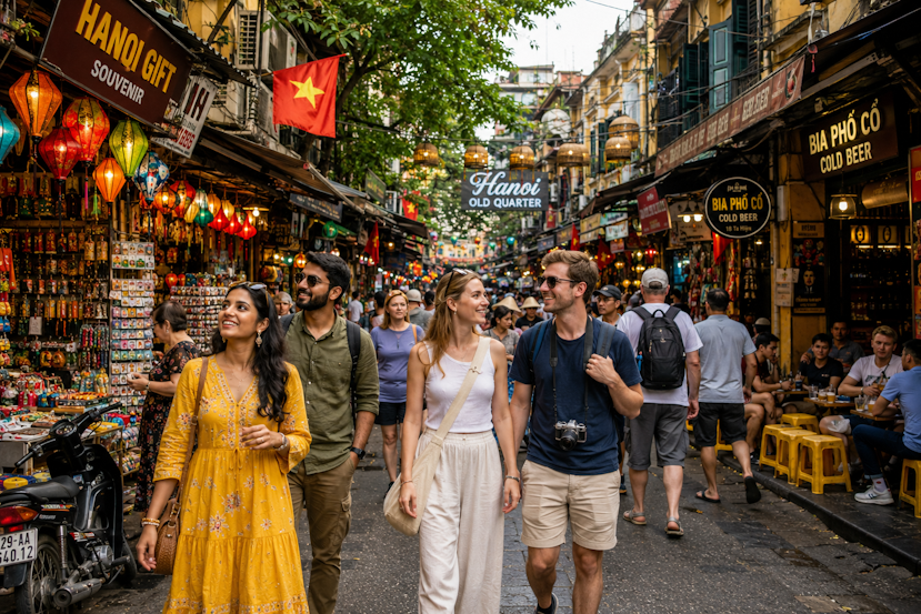 tourists exploring the vibrant Hanoi Old Quarter market streets in Vietnam, surrounded by colourful lantern shops, local cafes, bustling street vendors, traditional architecture, and lively cultural atmosphere.