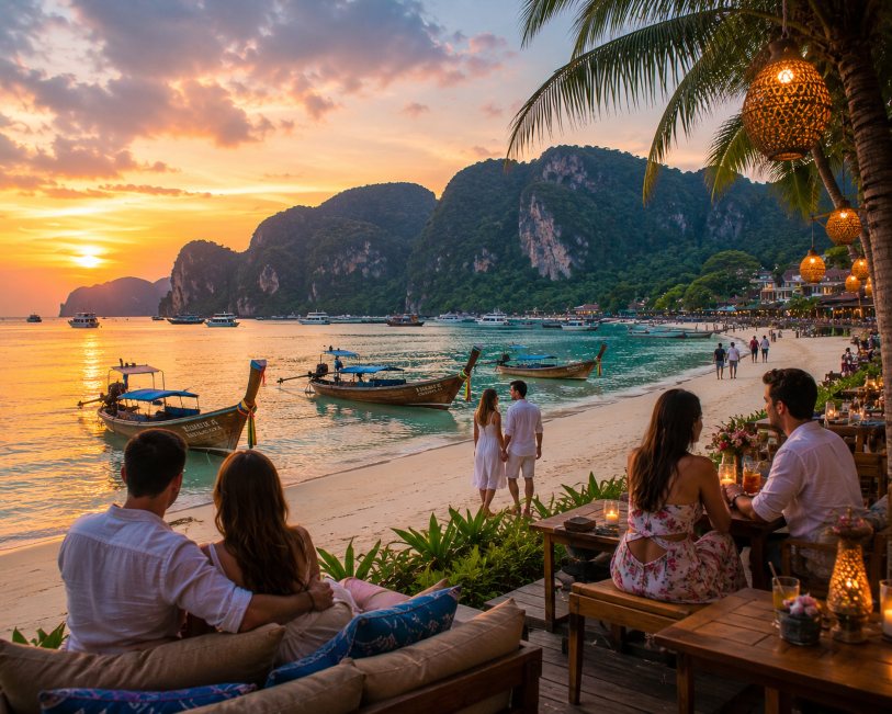 Romantic honeymoon couples enjoying a sunset beach evening in Phuket, with candlelight dining, turquoise waters, traditional Thai boats, and scenic limestone cliffs creating a luxurious tropical honeymoon atmosphere.