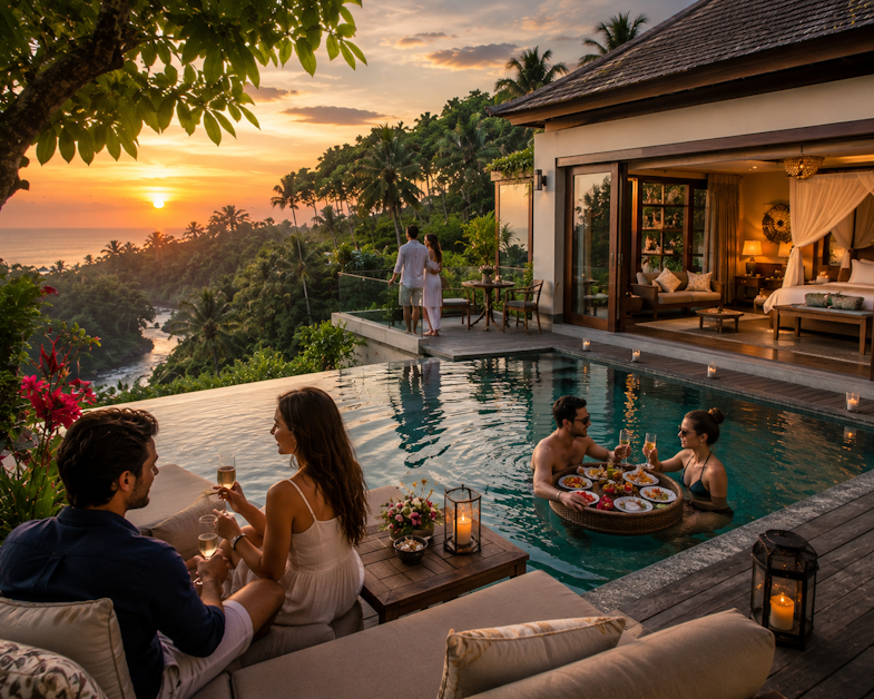 Bali Vs Thailand for Honeymooners. Luxury tropical villa in Bali with honeymoon couples enjoying a private infinity pool, floating breakfast, sunset views, and romantic outdoor seating surrounded by lush greenery and elegant resort interiors.