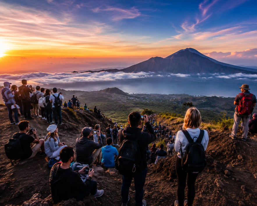 Tourists from different countries gathered at the summit viewpoint of Mount Batur during sunrise, enjoying panoramic views of volcanic landscapes, clouds, and Lake Batur while capturing photos of the breathtaking scenery.