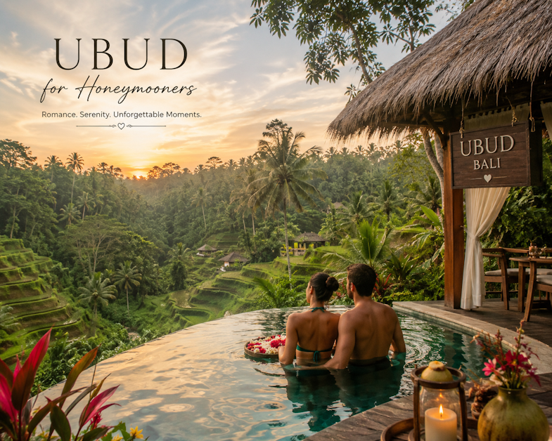 Romantic honeymoon couple relaxing in a private infinity pool villa overlooking lush green rice terraces and tropical forests in Ubud at sunset, showcasing a luxury Bali honeymoon experience surrounded by nature and serenity.
