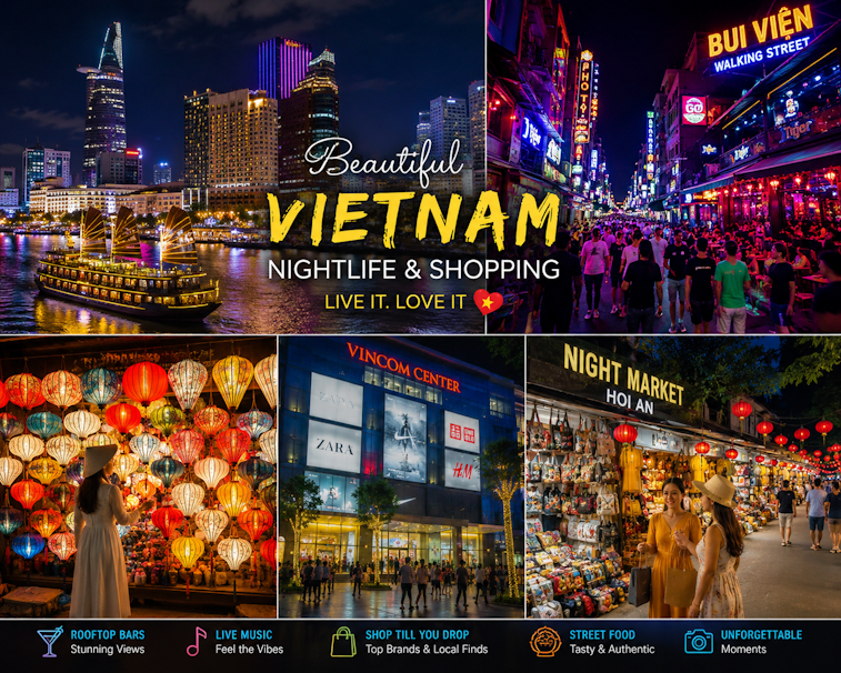 A vibrant collage showcasing Vietnam nightlife and shopping experiences at night, featuring the illuminated Ho Chi Minh City skyline, lively Bui Vien Walking Street, colorful lanterns in Hoi An, modern shopping malls, bustling night markets, and tourists enjoying street shopping and entertainment under glowing neon lights